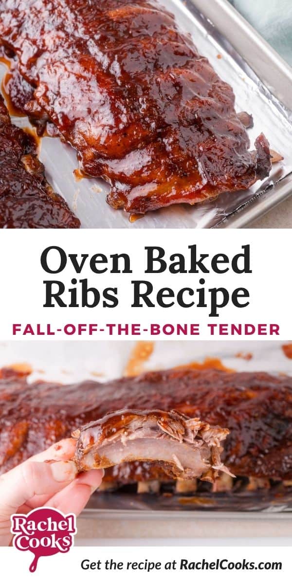 Oven baked ribs Pinterest graphic with text and photos.