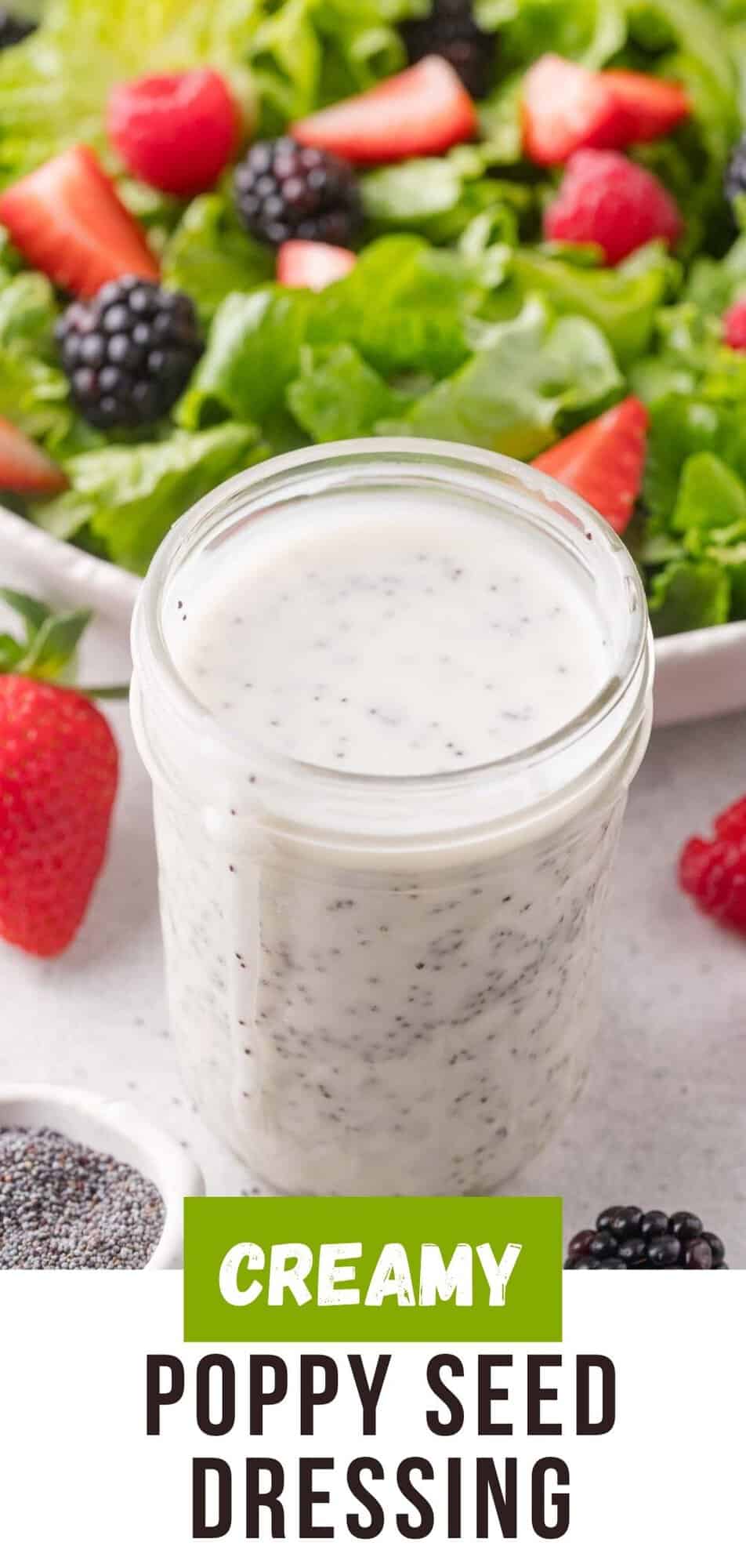 Poppy seed dressing Pinterest graphic with text and photos.