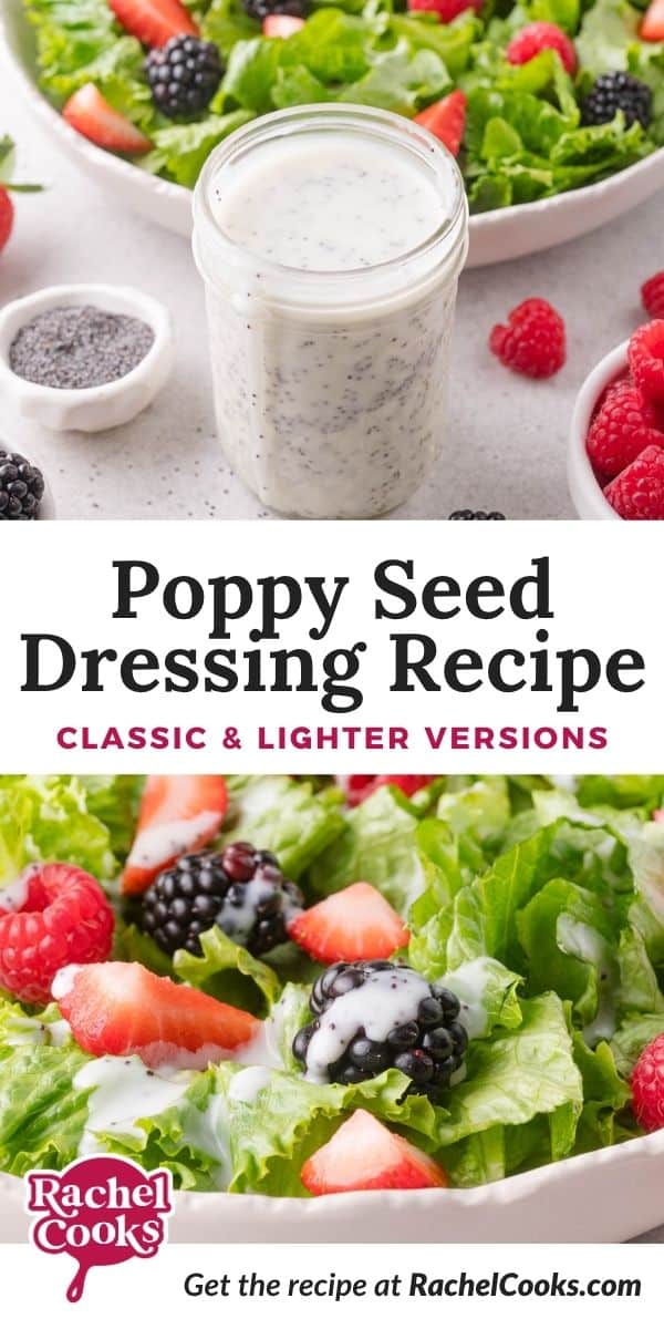 Poppy seed dressing Pinterest graphic with text and photos.