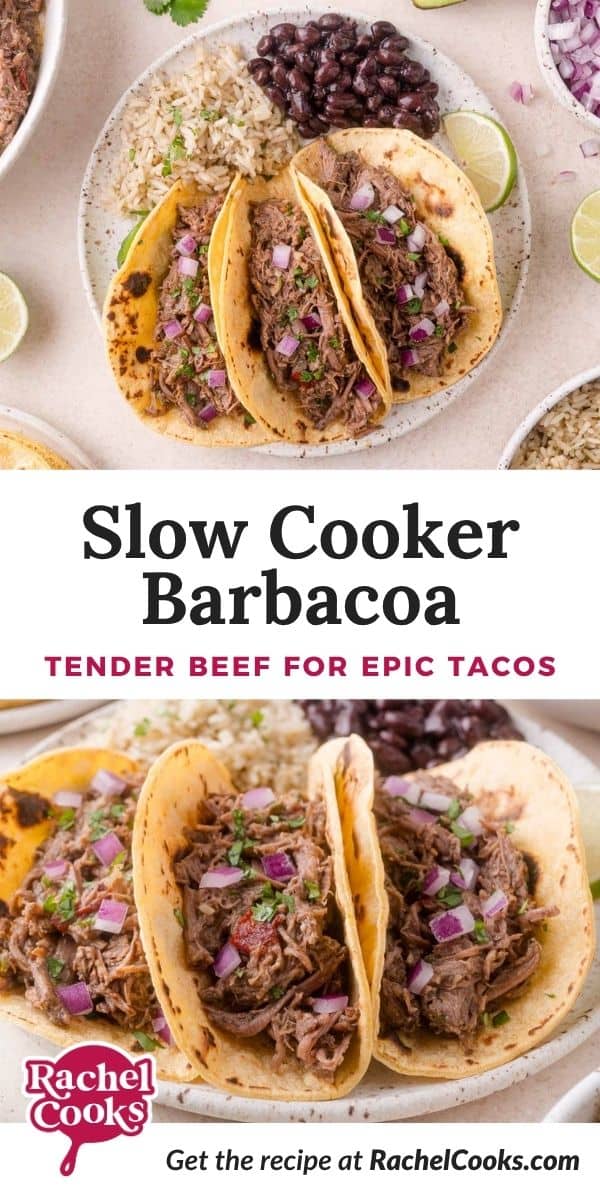 Slow cooker barbacoa Pinterest graphic with text and photos.