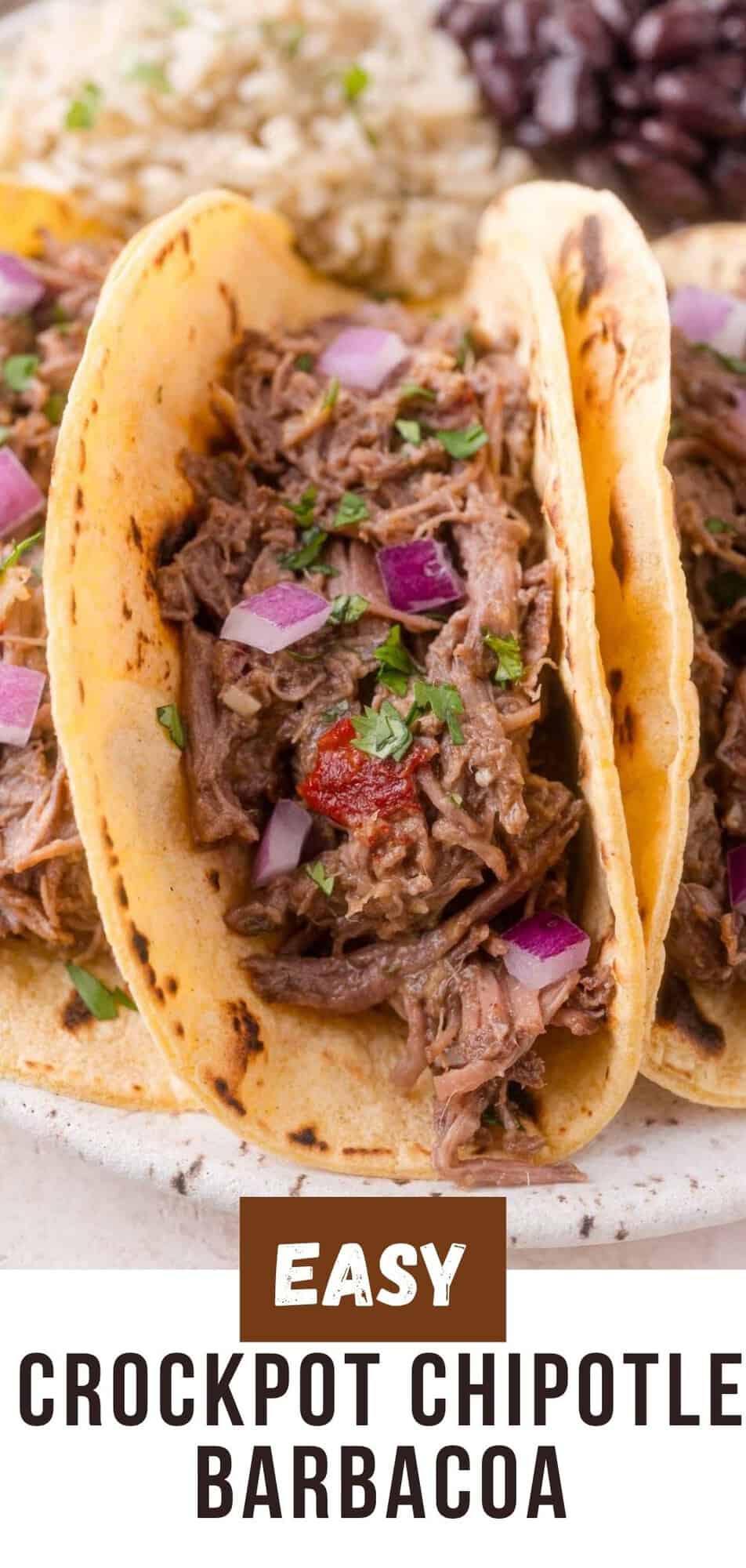 Slow cooker barbacoa Pinterest graphic with text and photos.