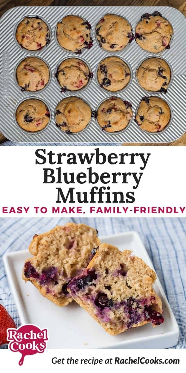 Strawberry blueberry muffins Pinterest graphic with text and photos.