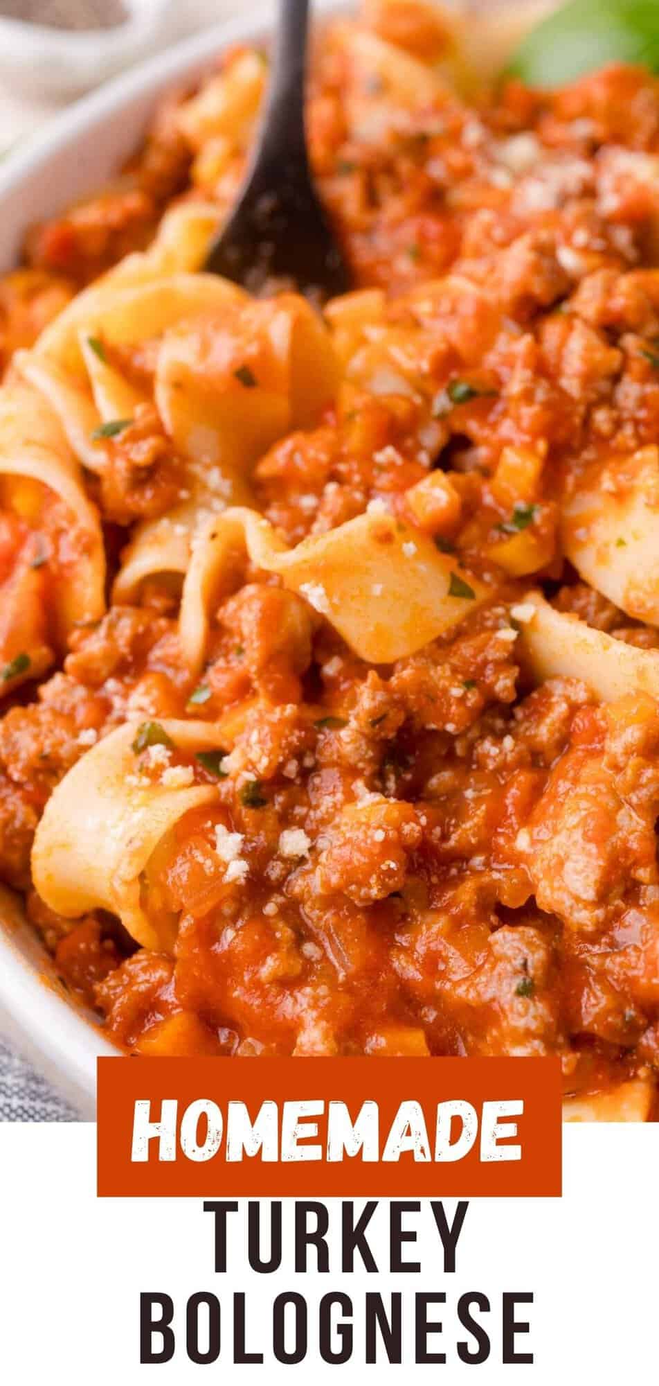 Turkey bolognese Pinterest graphic with text and photos.
