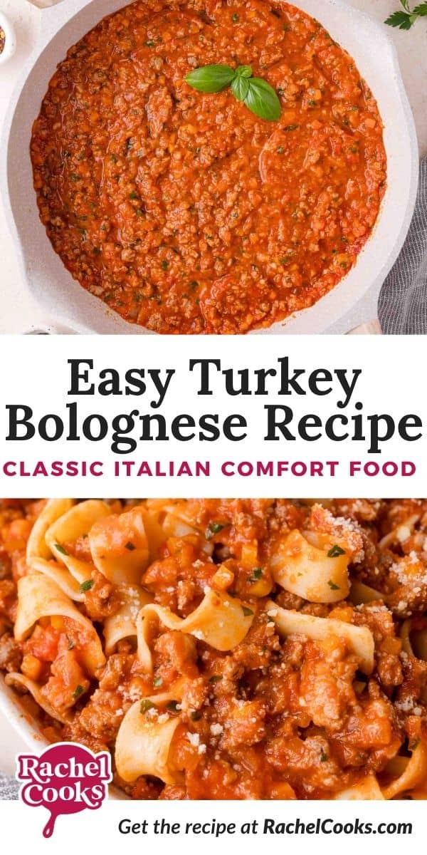 Turkey bolognese Pinterest graphic with text and photos.