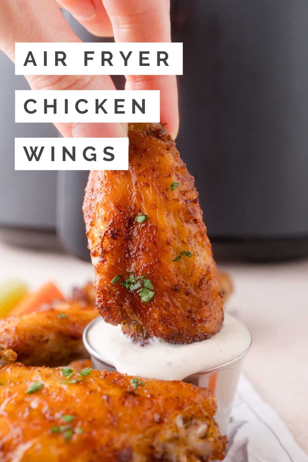 Air fryer chicken wings Pinterest graphic with text and photos.