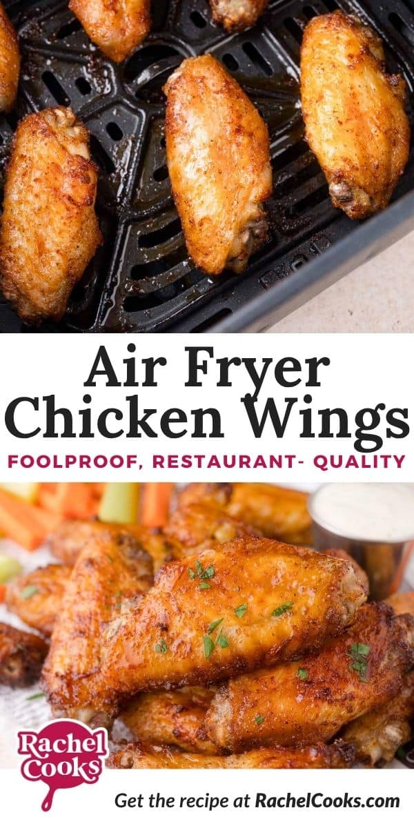 Air fryer chicken wings Pinterest graphic with text and photos.
