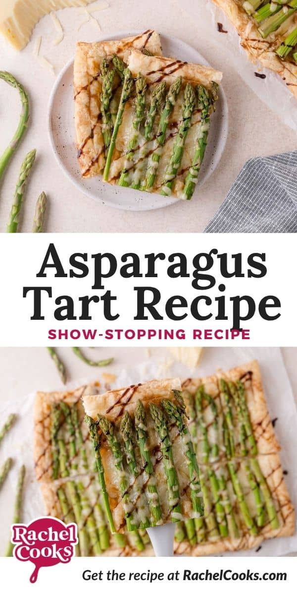 Asparagus Tart Pinterest graphic with text and photos.