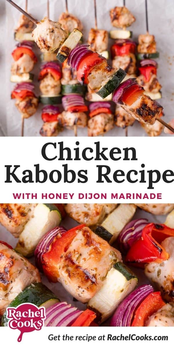 Chicken kabobs Pinterest graphic with text and photos.
