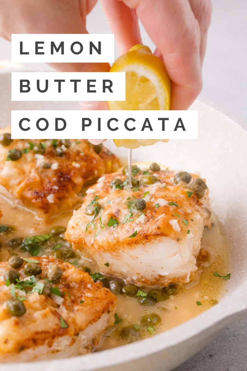 Cod piccata Pinterest graphic with text and photos.