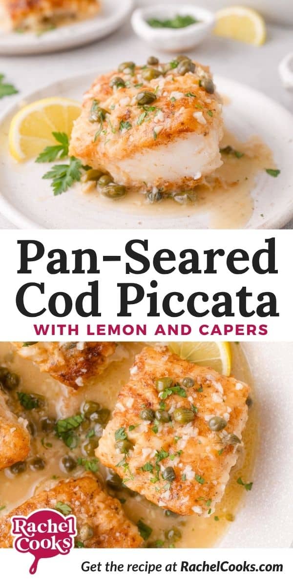 Cod piccata Pinterest graphic with text and photos.