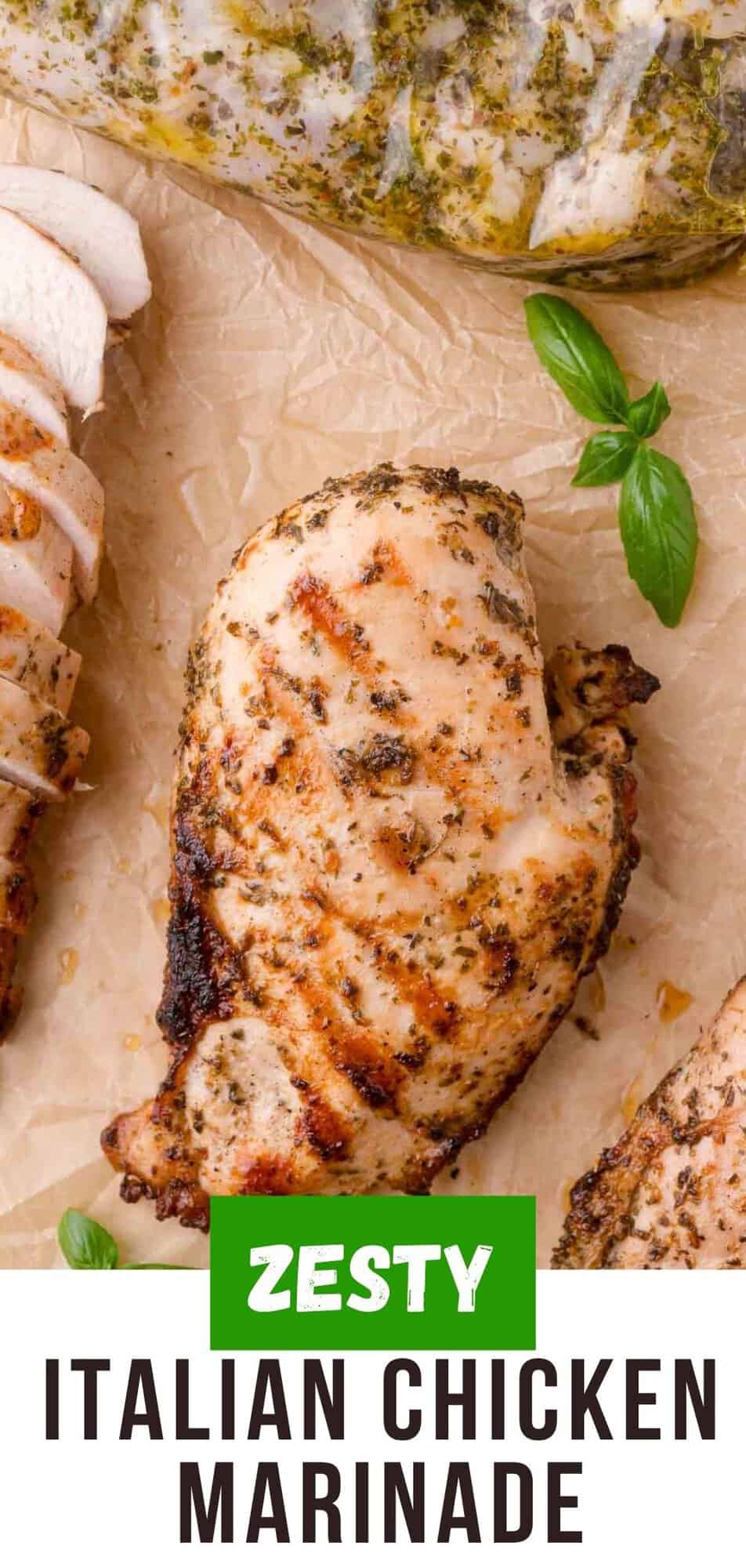 Italian chicken marinade Pinterest graphic with text and photos.