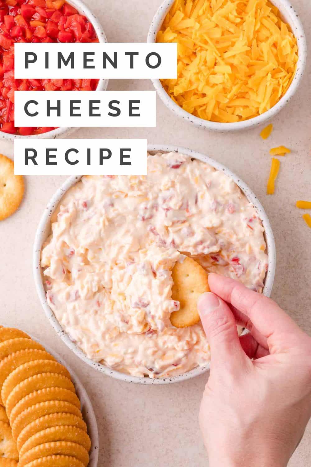 Pimento cheese Pinterest graphic with text and photos.