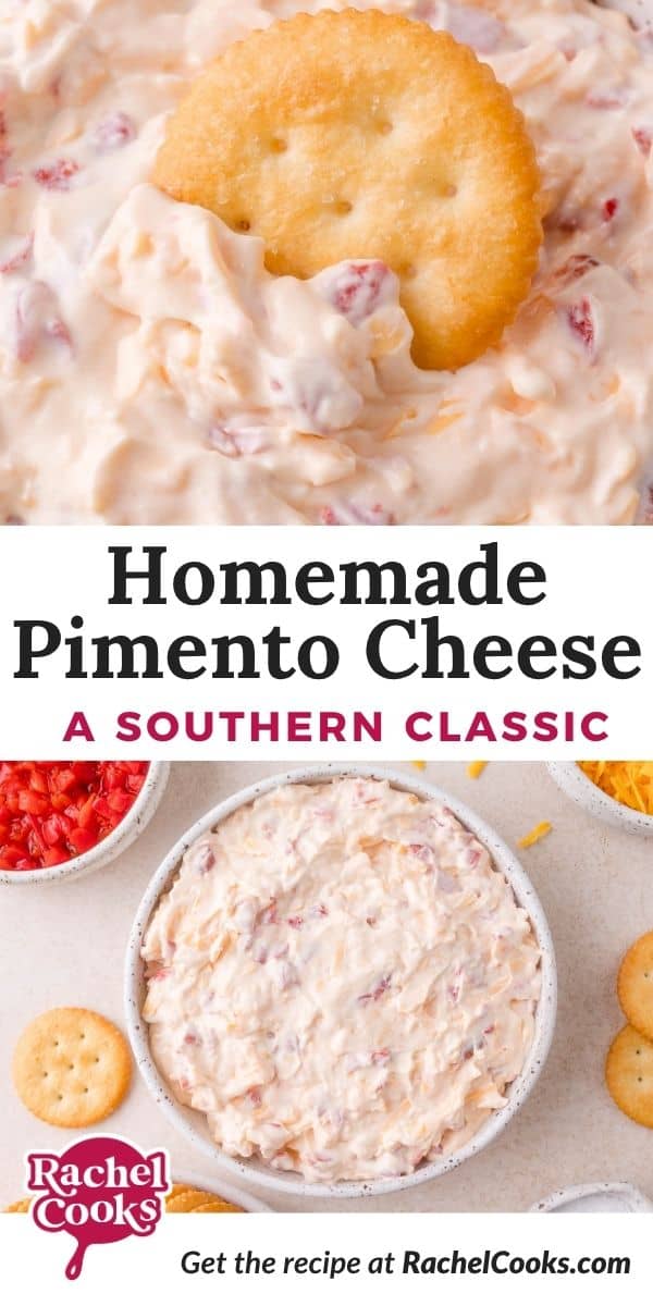 Pimento cheese Pinterest graphic with text and photos.