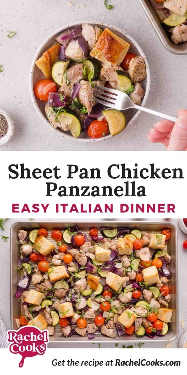 Sheet Pan Chicken Panzanella Pinterest graphic with text and photos.