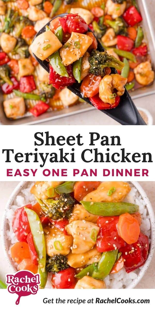 Sheet pan teriyaki chicken Pinterest graphic with text and photos.
