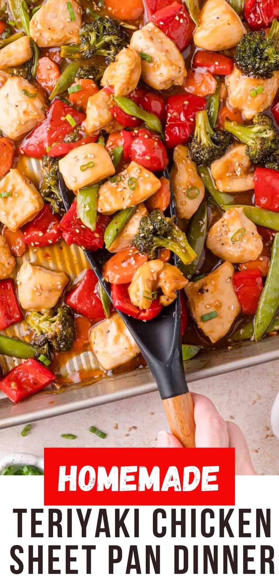 Sheet pan teriyaki chicken Pinterest graphic with text and photos.