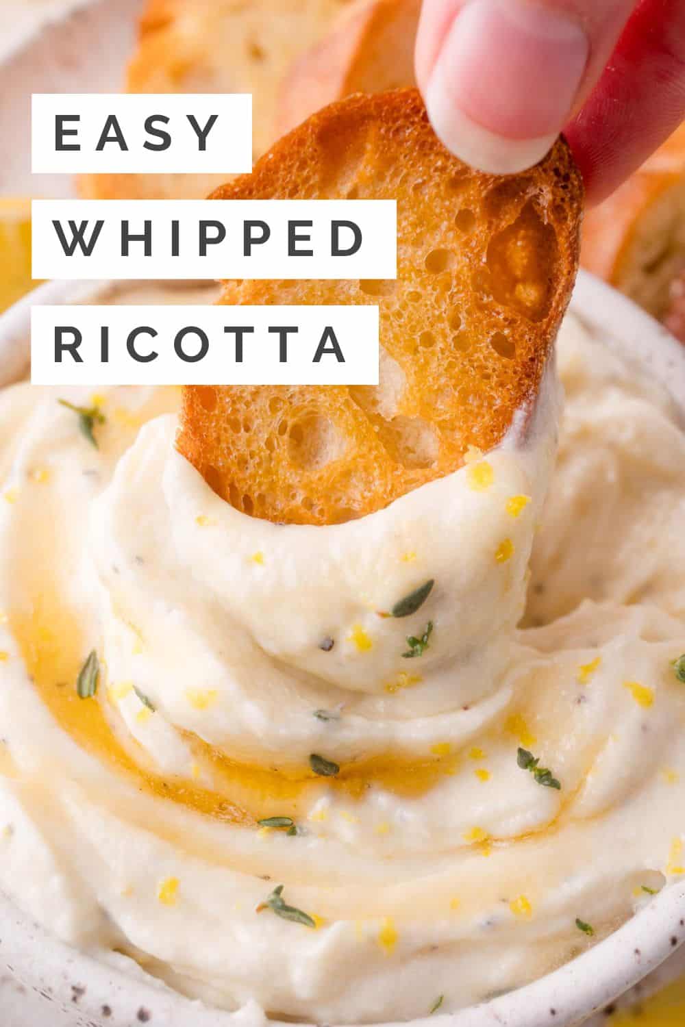 Whipped ricotta Pinterest graphic with text and photos.