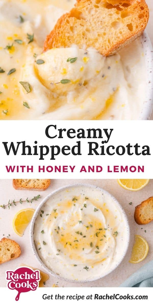 Whipped ricotta Pinterest graphic with text and photos.