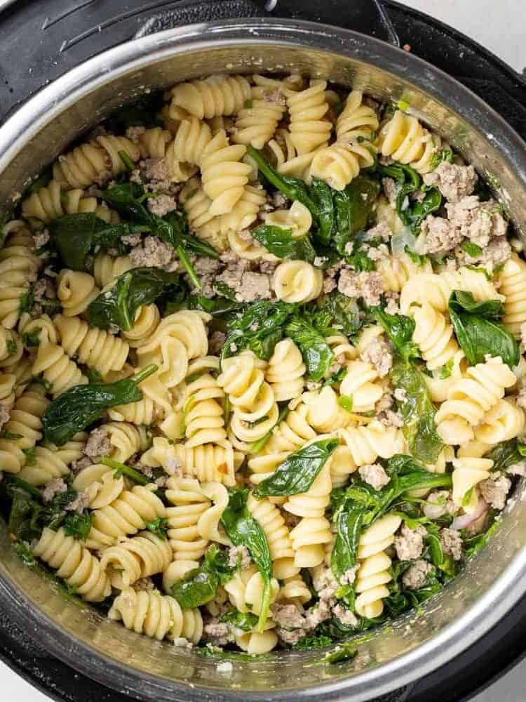 Instant pot pasta with lemon and chicken, still in instant pot.