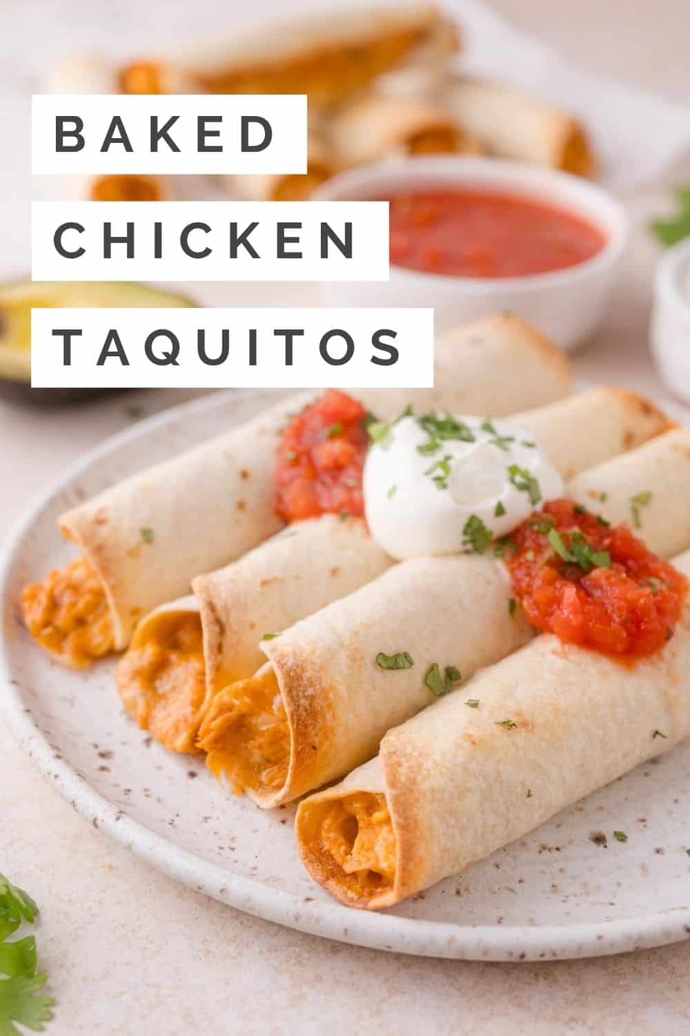 Baked chicken taquitos Pinterest graphic with text and photos.