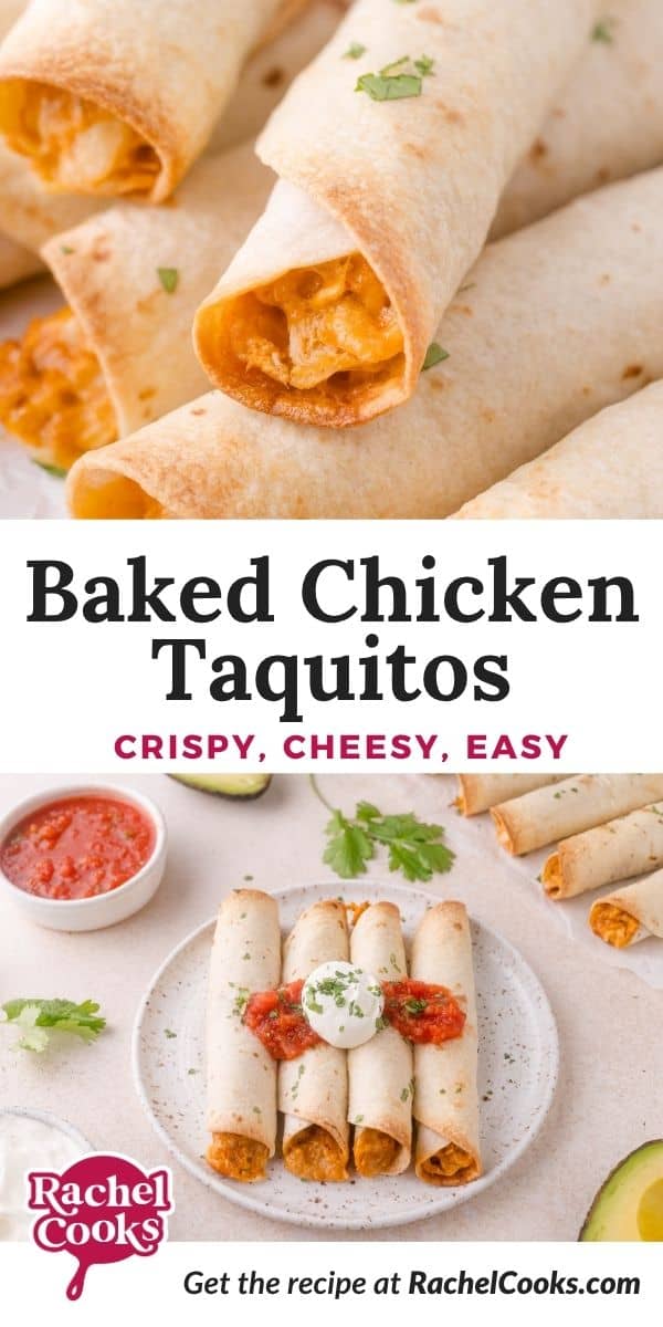 Baked chicken taquitos Pinterest graphic with text and photos.