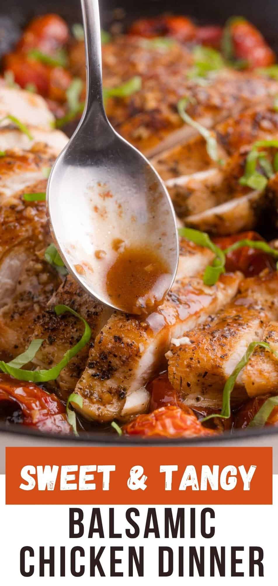 Balsamic chicken with blistered tomatoes Pinterest graphic with text and photos.