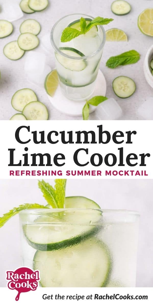 Cucumber lime cooler Pinterest graphic with text and photos.