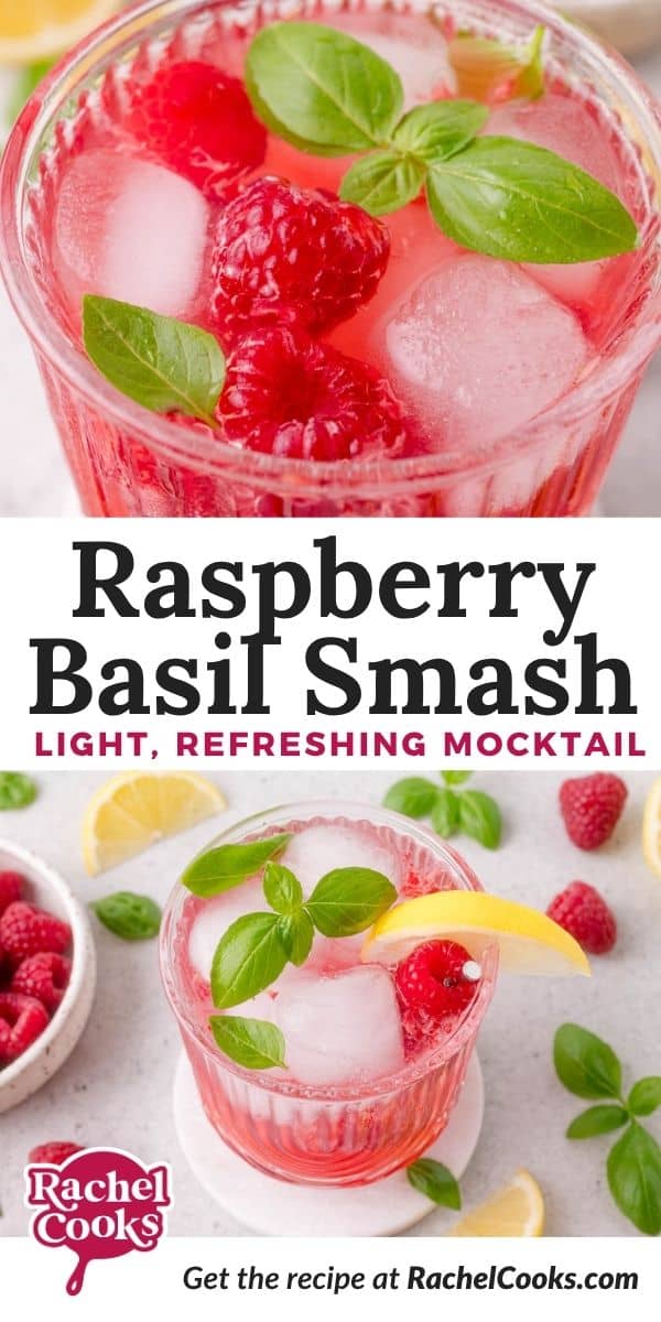 Raspberry basil smash Pinterest graphic with text and photos.