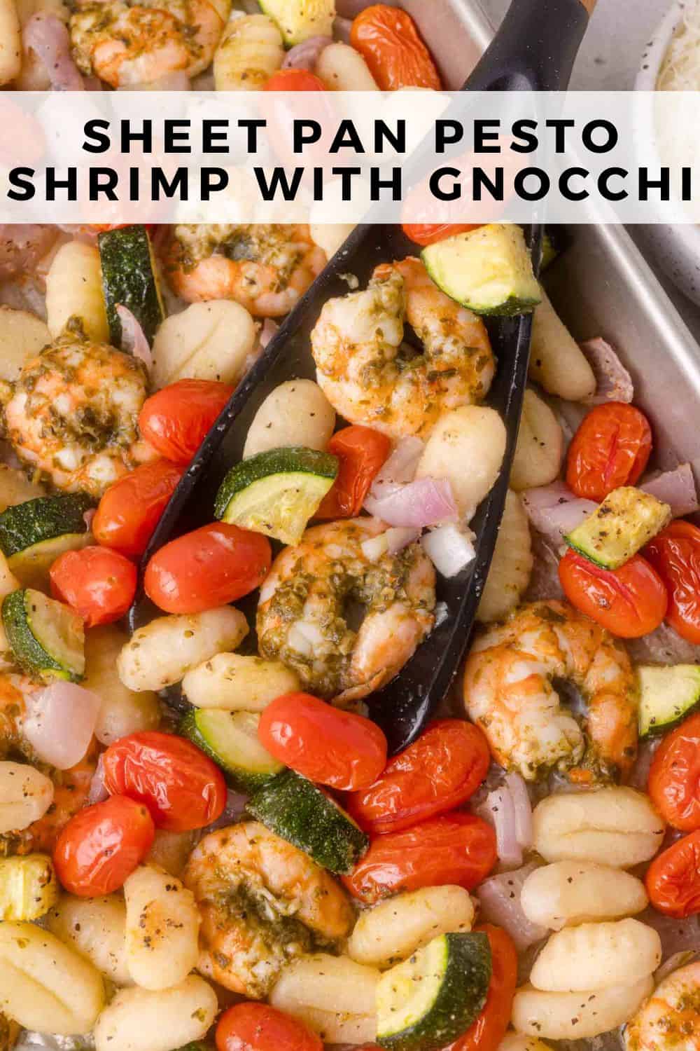 Sheet pan pesto shrimp with gnocchi Pinterest graphic with text and photos.