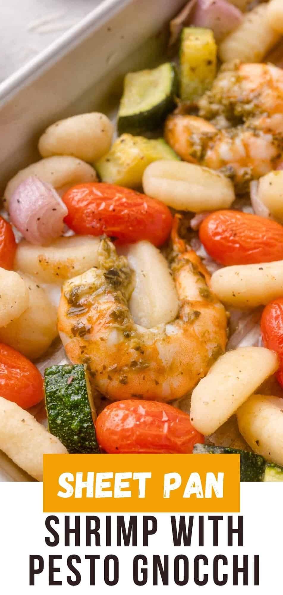 Sheet pan pesto shrimp with gnocchi Pinterest graphic with text and photos.