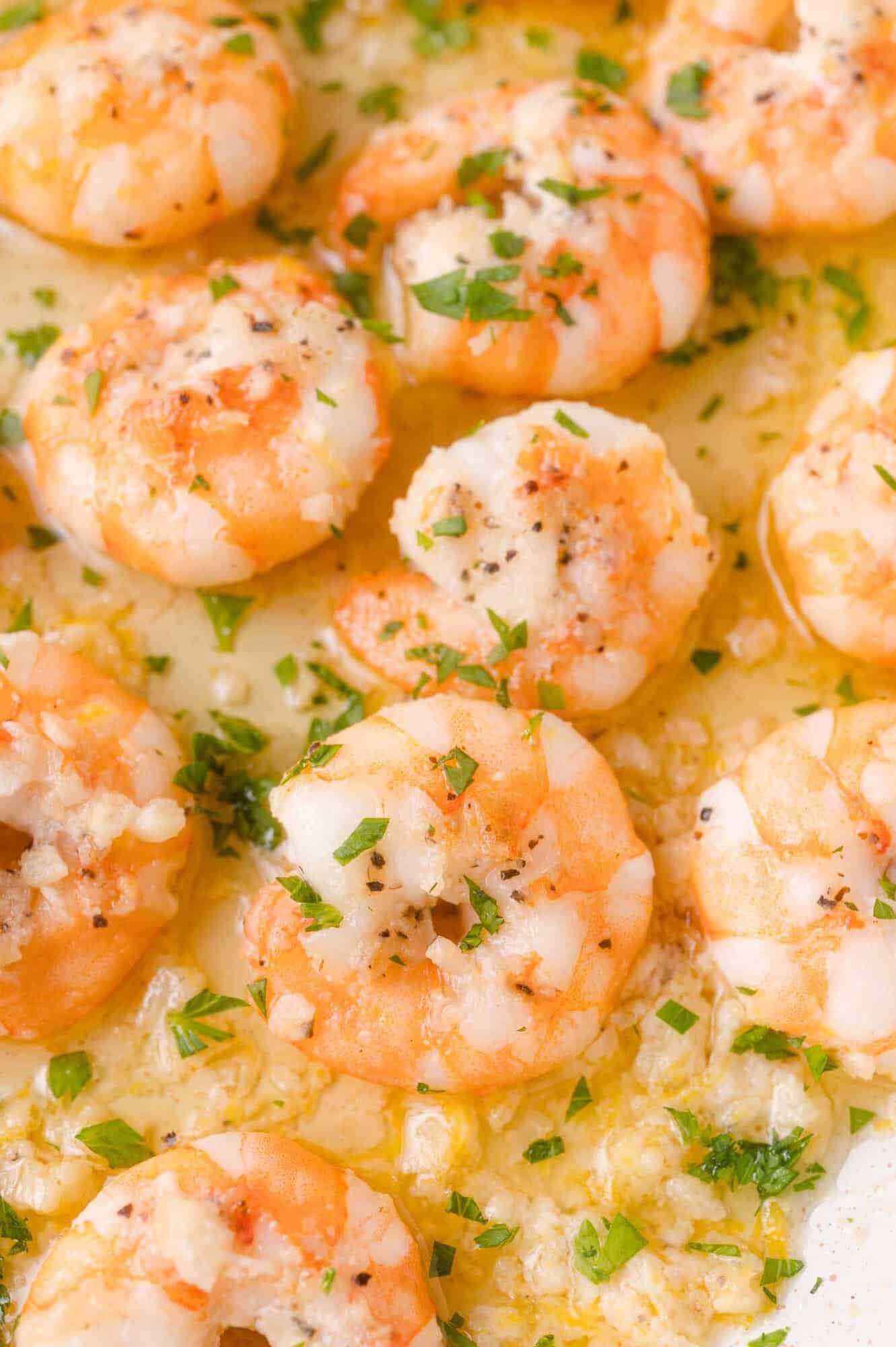 Cooked shrimp topped with minced garlic, chopped parsley, and a buttery sauce, arranged closely together on a white surface.