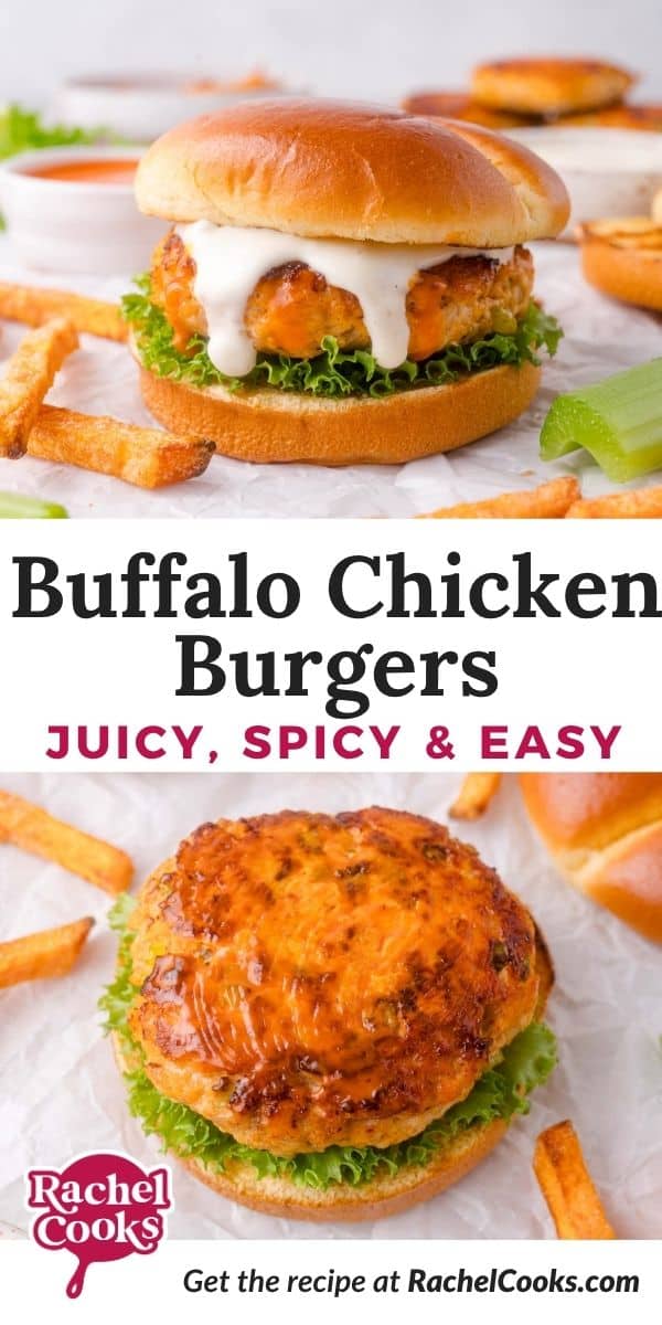 Buffalo chicken burgers Pinterest graphic with text and photos.
