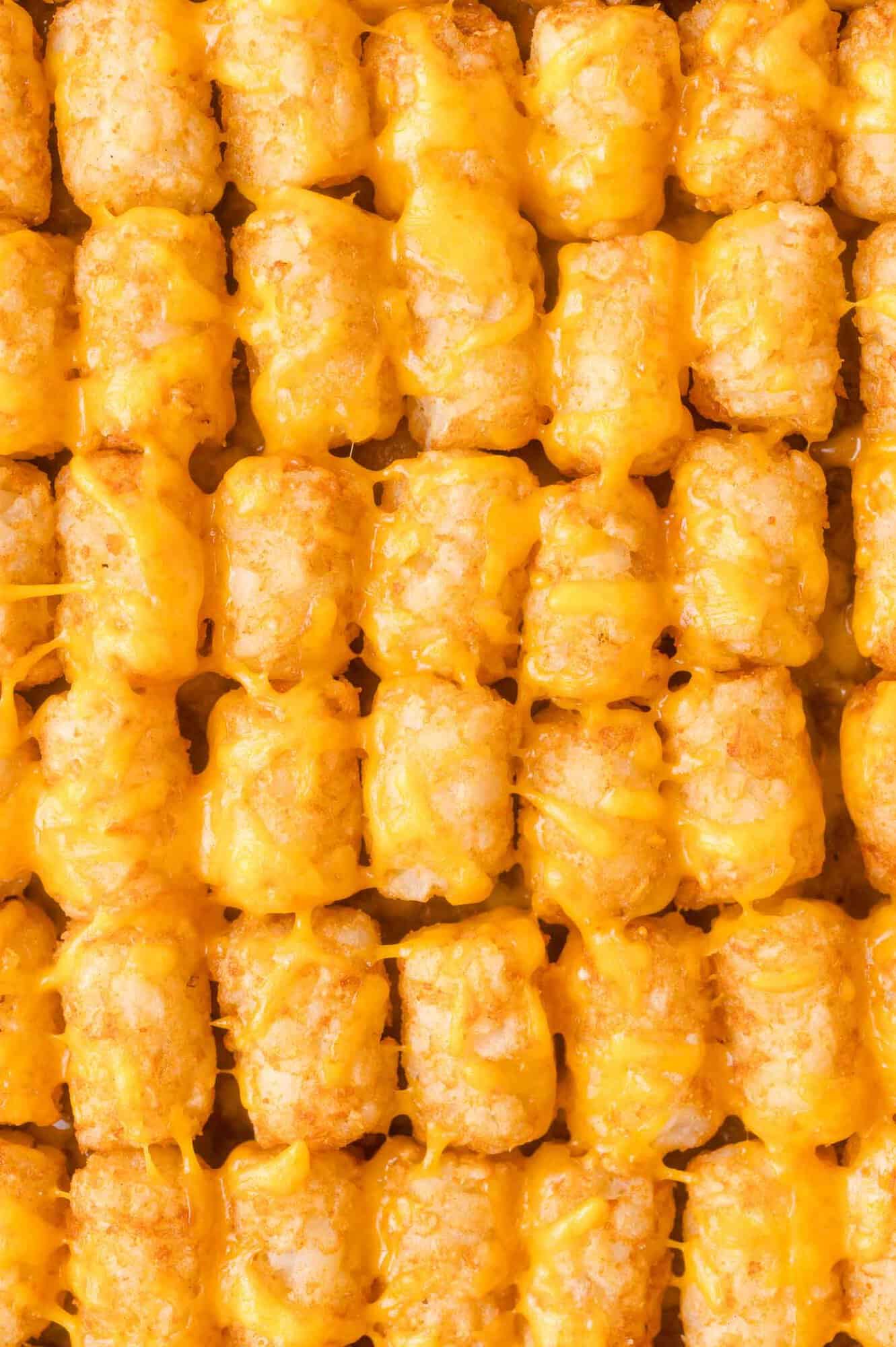 Rows of golden tater tots topped with melted cheddar cheese, arranged closely together in a grid pattern.