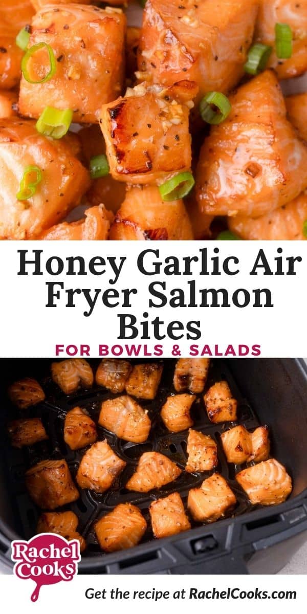 Honey garlic air fryer salmon bites Pinterest graphic with text and photos.