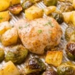 Roasted chicken thigh with Brussels sprouts and potato cubes on a metal baking tray, seasoned with herbs and spices.