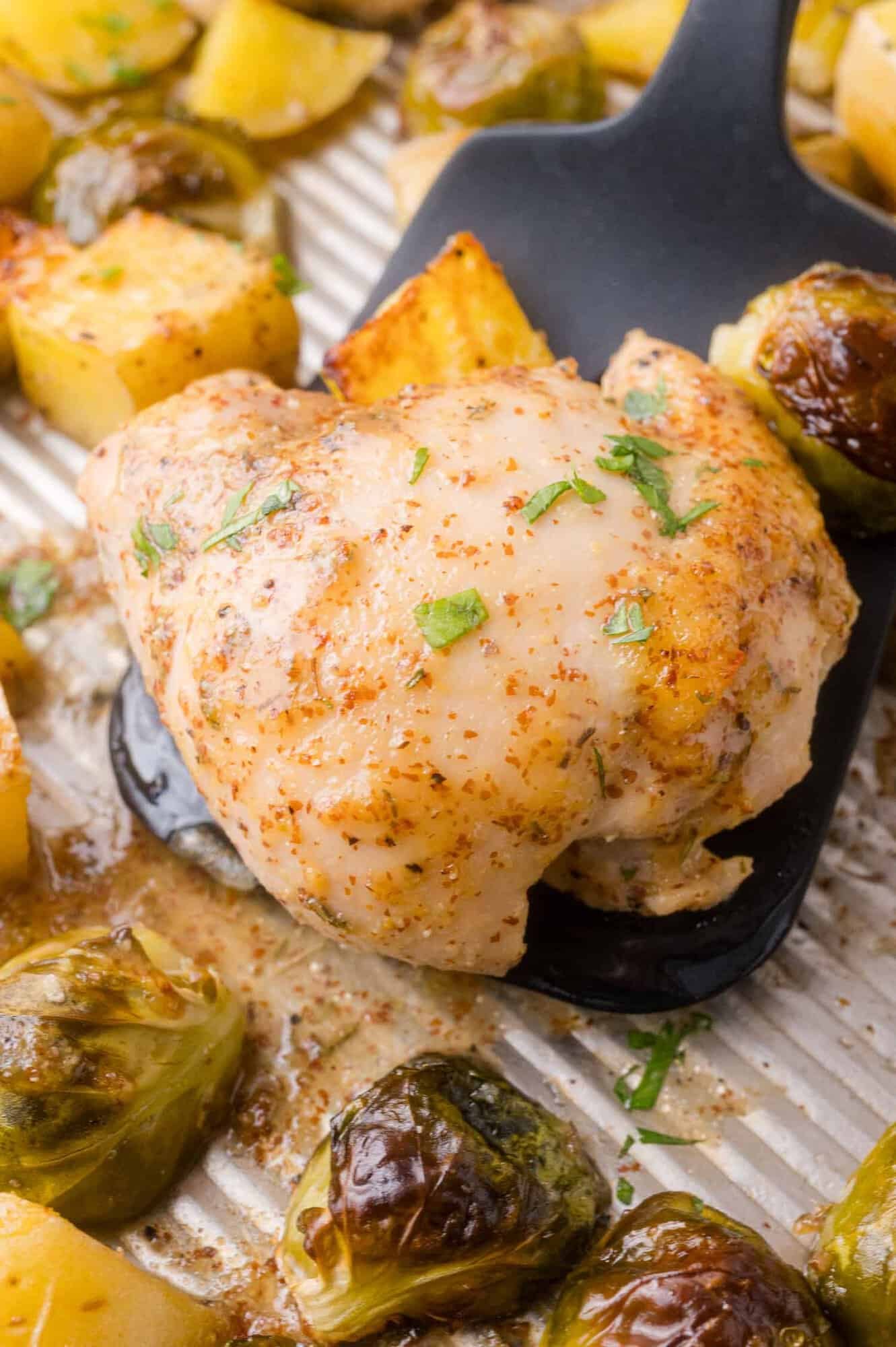 A piece of seasoned baked chicken is lifted with a spatula, surrounded by roasted Brussels sprouts and potatoes on a baking sheet.