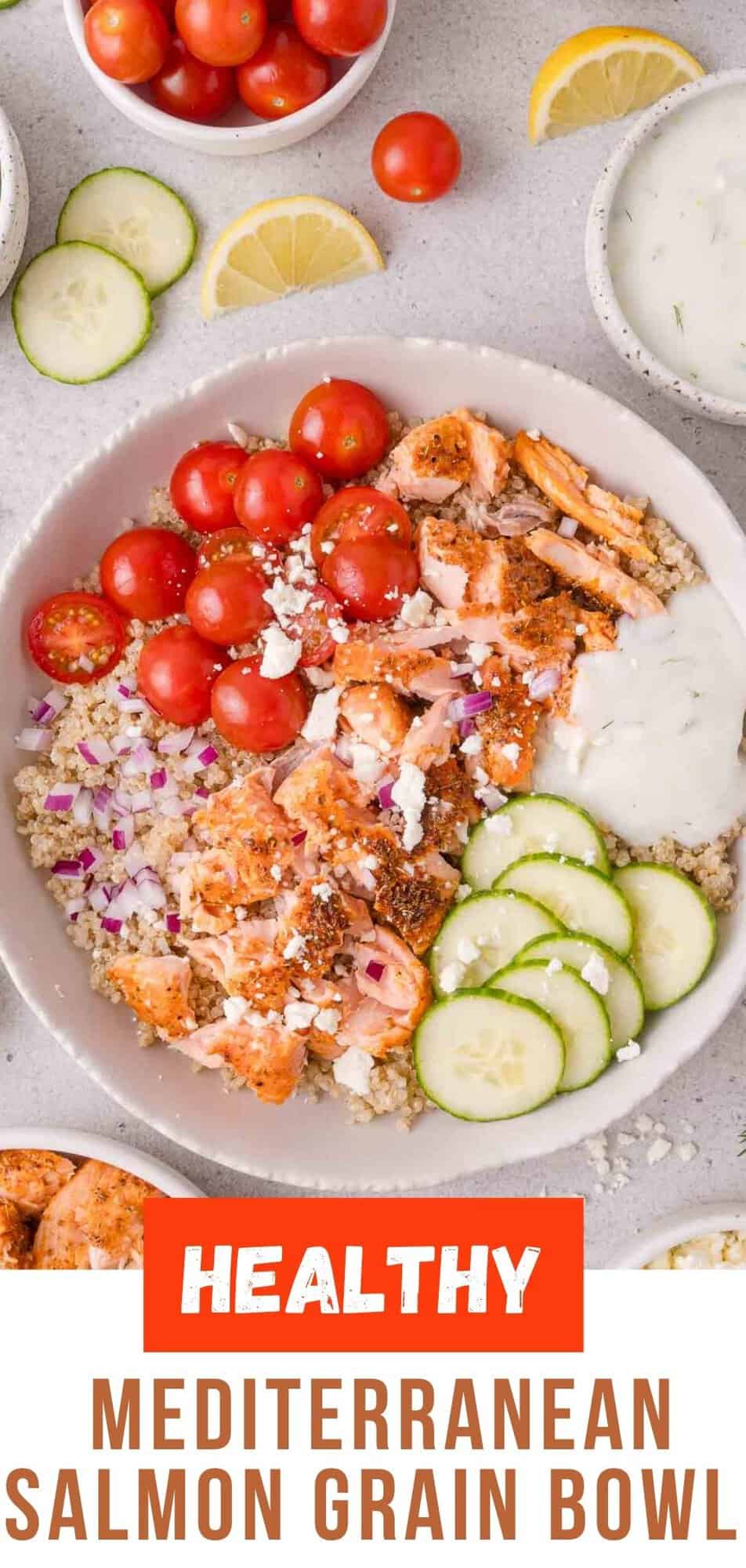 Mediterranean Salmon Bowl Pinterest graphic with text and photos.