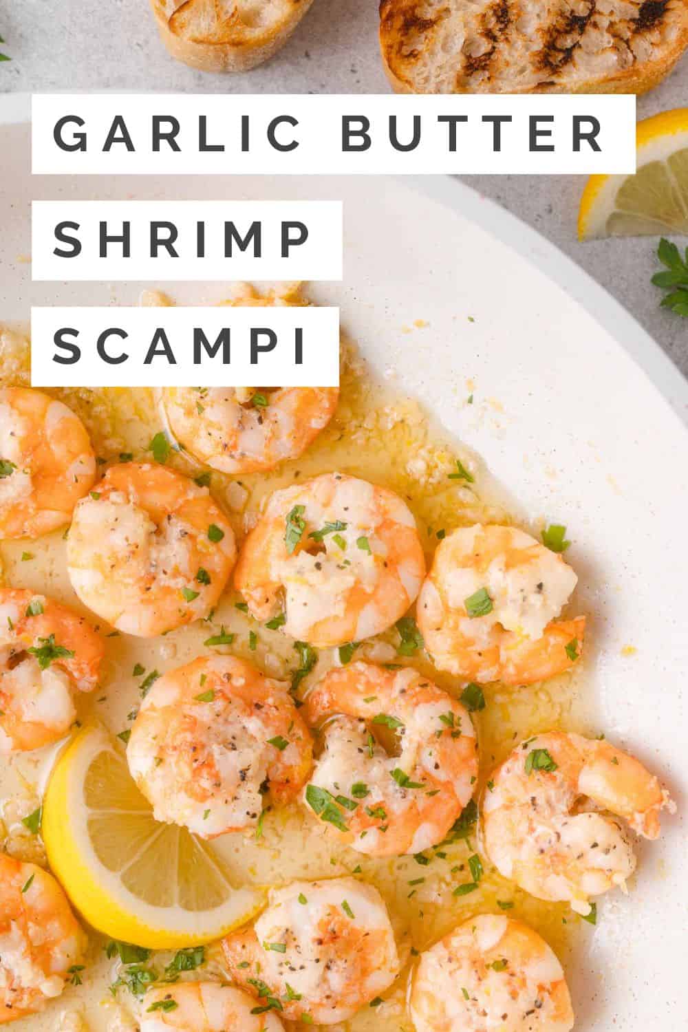 Shrimp scampi Pinterest graphic with text and photos.