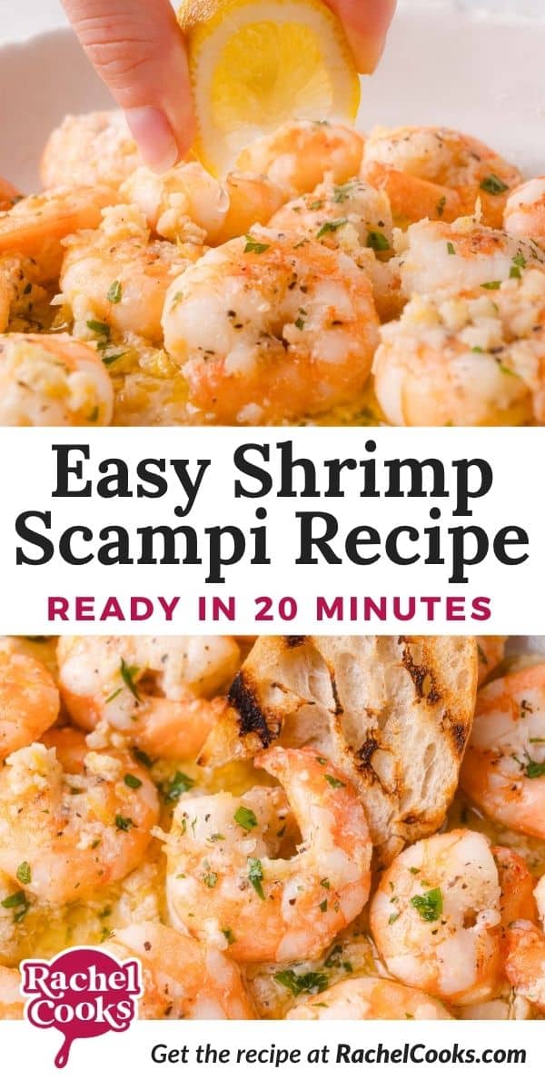 Shrimp scampi Pinterest graphic with text and photos.