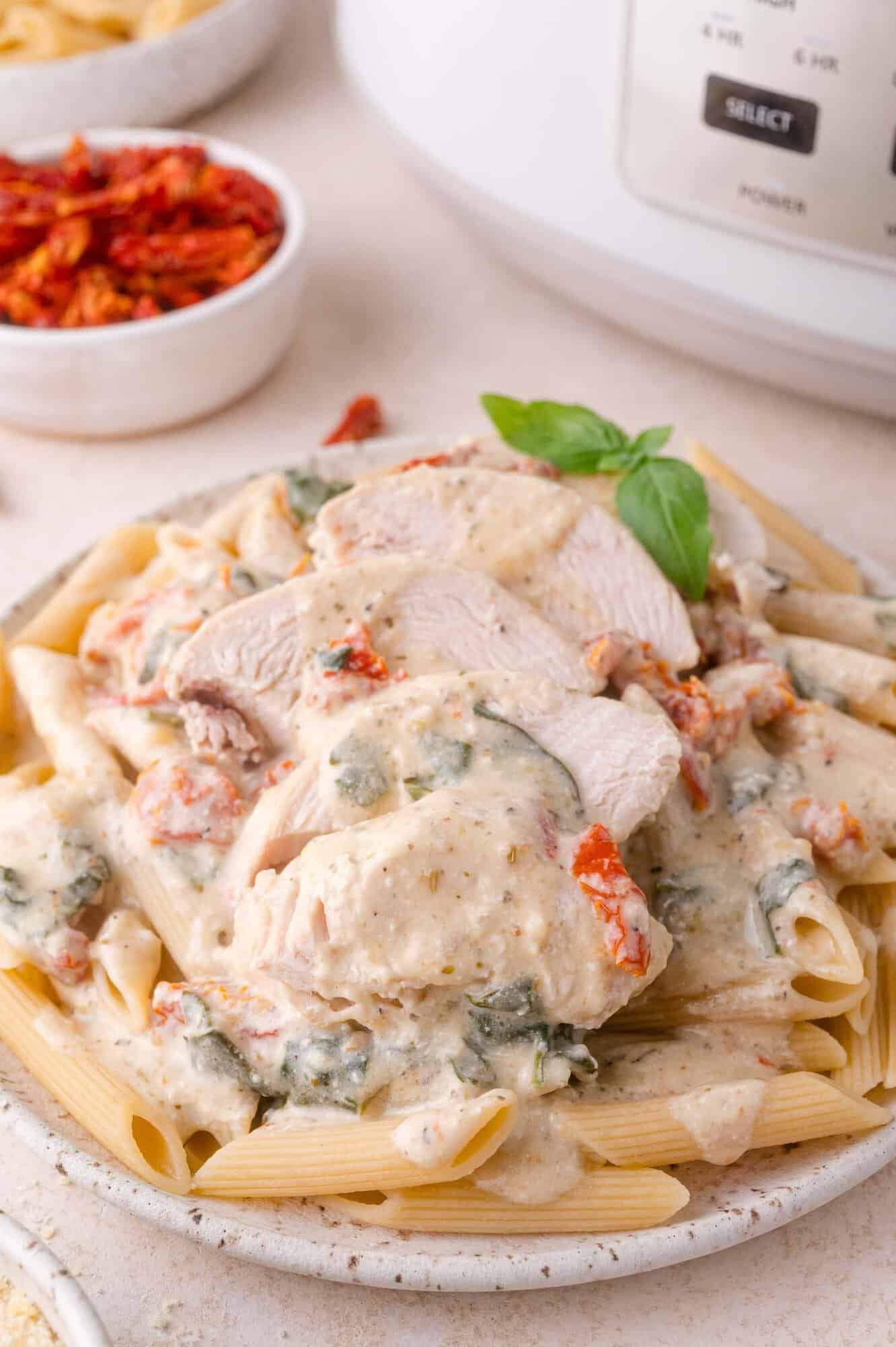 A plate of penne pasta topped with creamy sauce, sliced cooked chicken breast, sun-dried tomatoes, and fresh basil.
